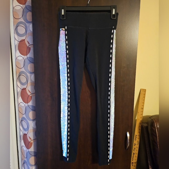 PINK Victoria's Secret Black Leggings with Iridescent Mermaid Sequin Stripes - Picture 1 of 7